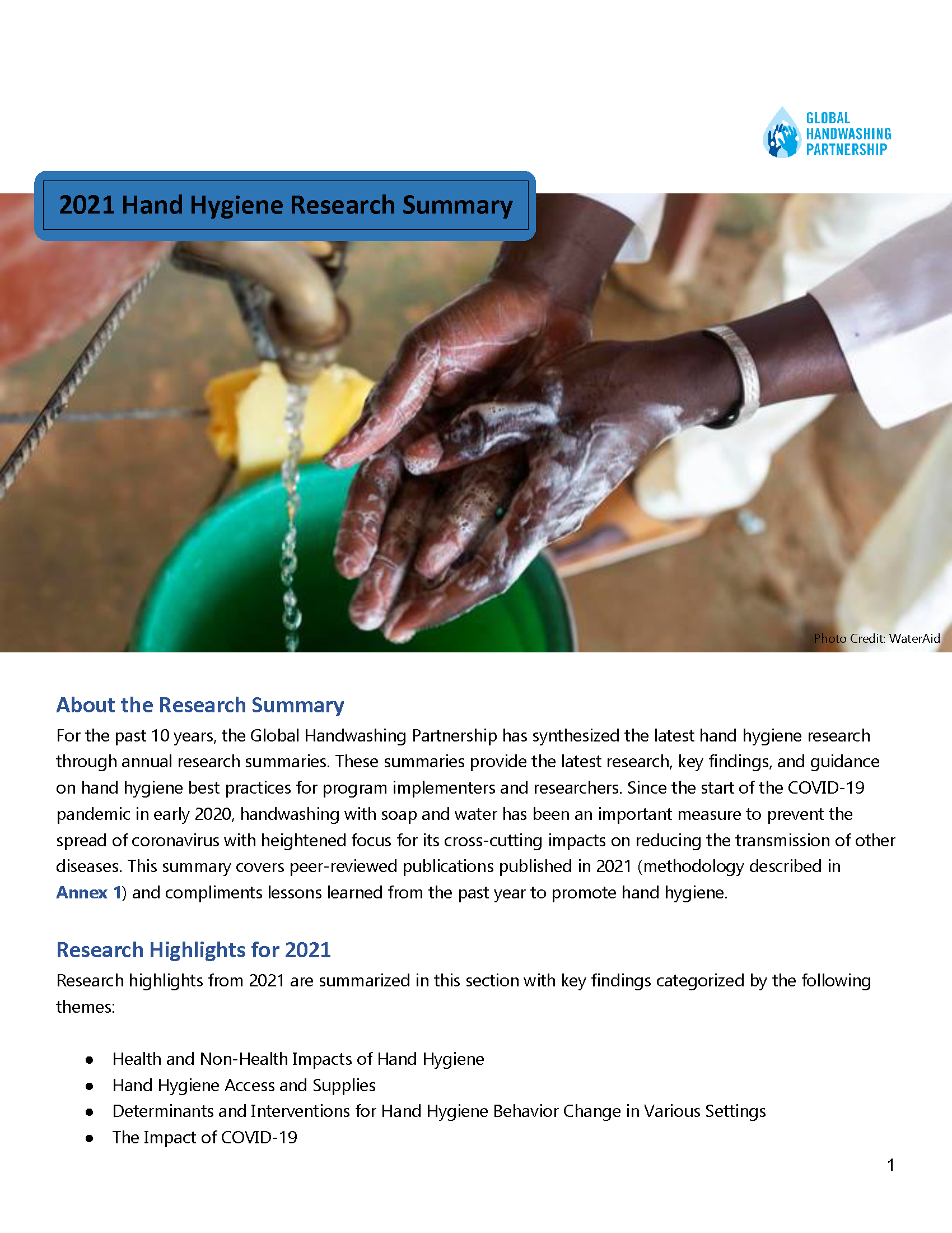 Report cover for Hand Hygiene Research Summary