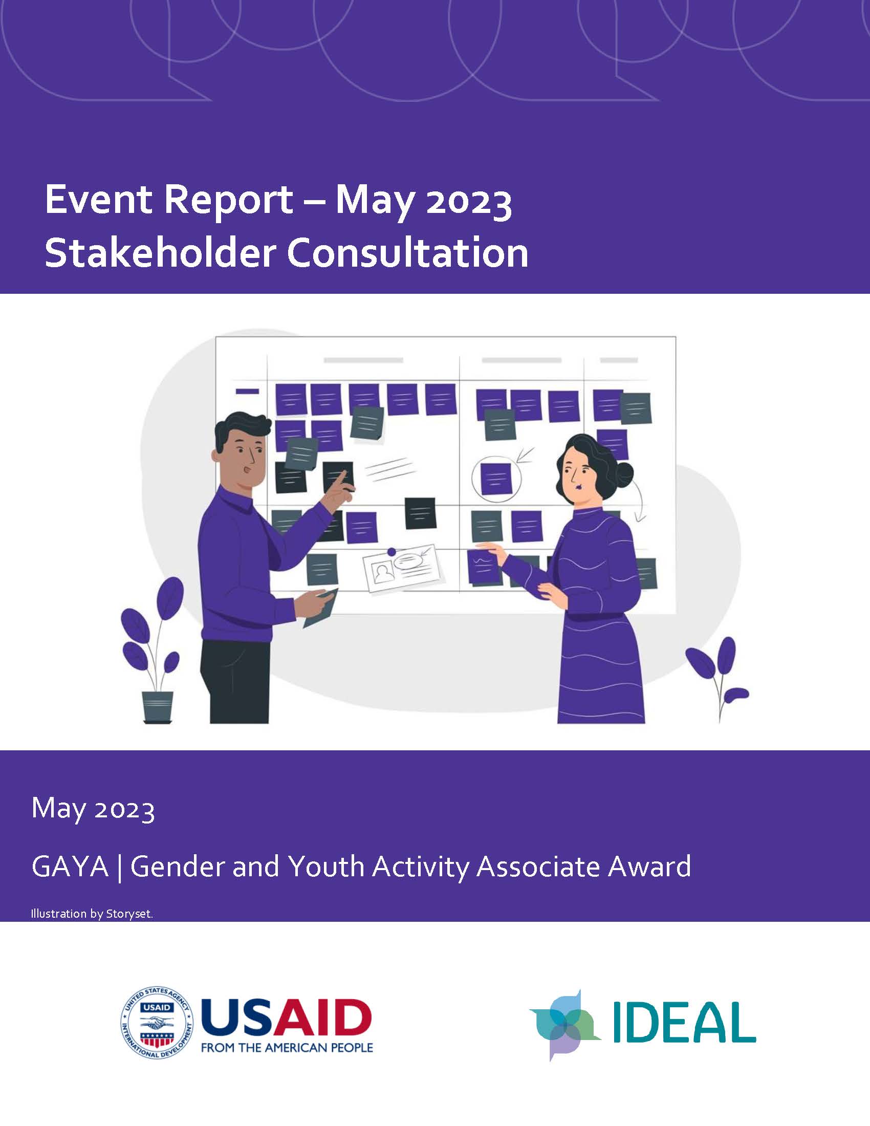 Event report cover page, reading "Event Report - May 2023 Stakeholder Consultation" with a graphic of two people discussing in front of a board full of sticky notes. 