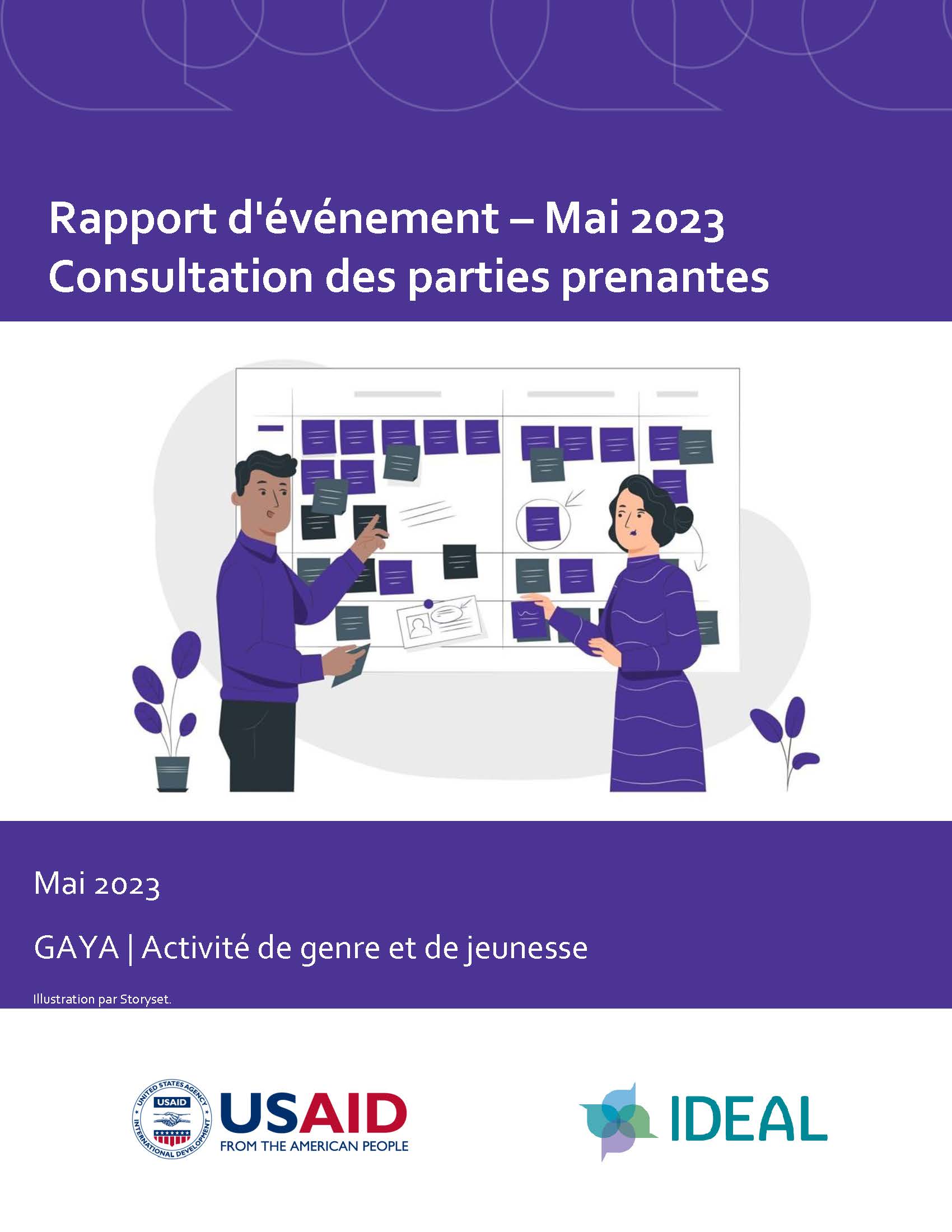 Page de couverture du rapport d'événement, intitulé "Rapport d'événement - Mai 2023 Consultation des parties prenantes" et un graphique représentant deux personnes discutant devant un tableau rempli de notes autocollantes. 