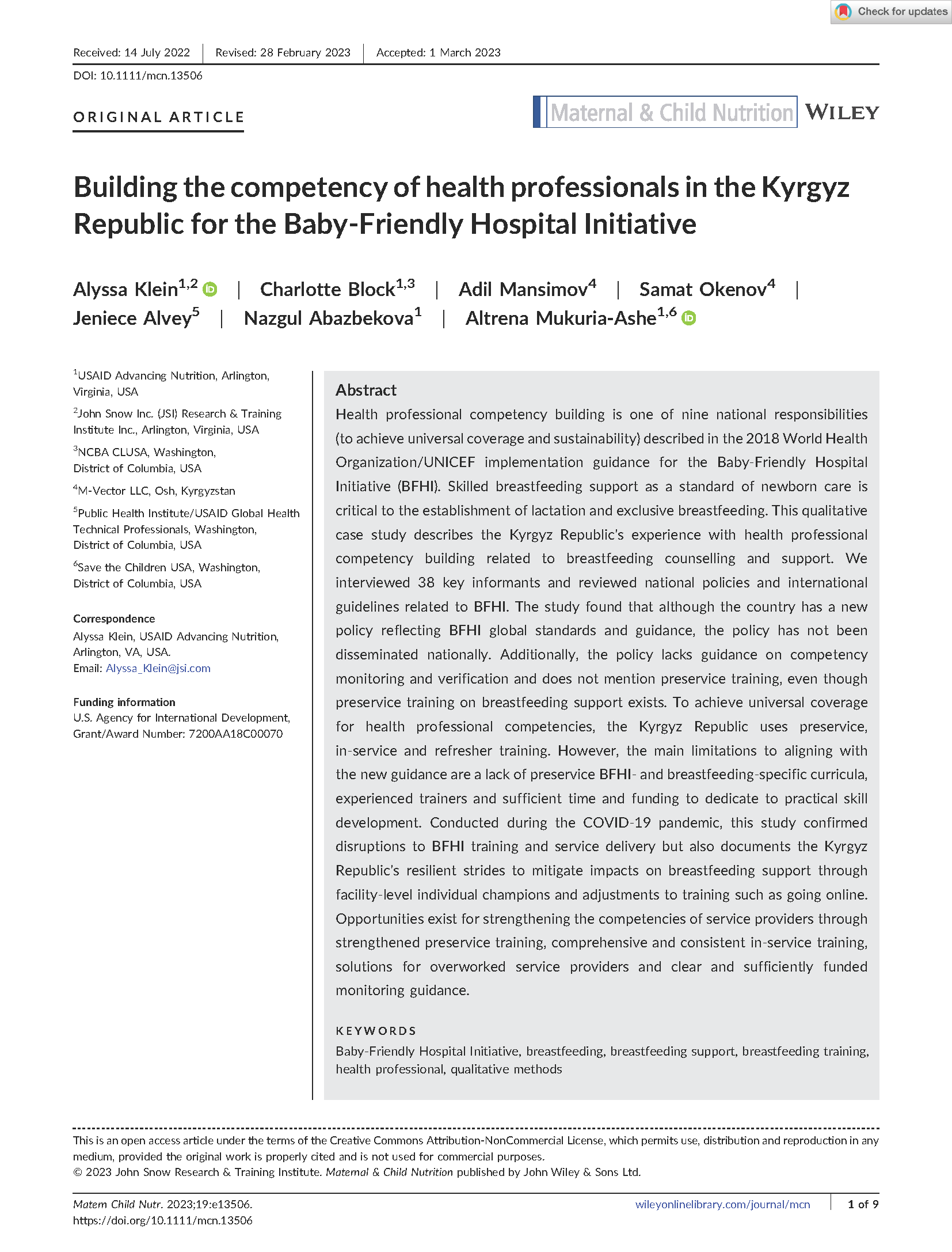 Cover page for Building the competency of health professionals in the KyrgyzRepublic for the Baby‐Friendly Hospital Initiative