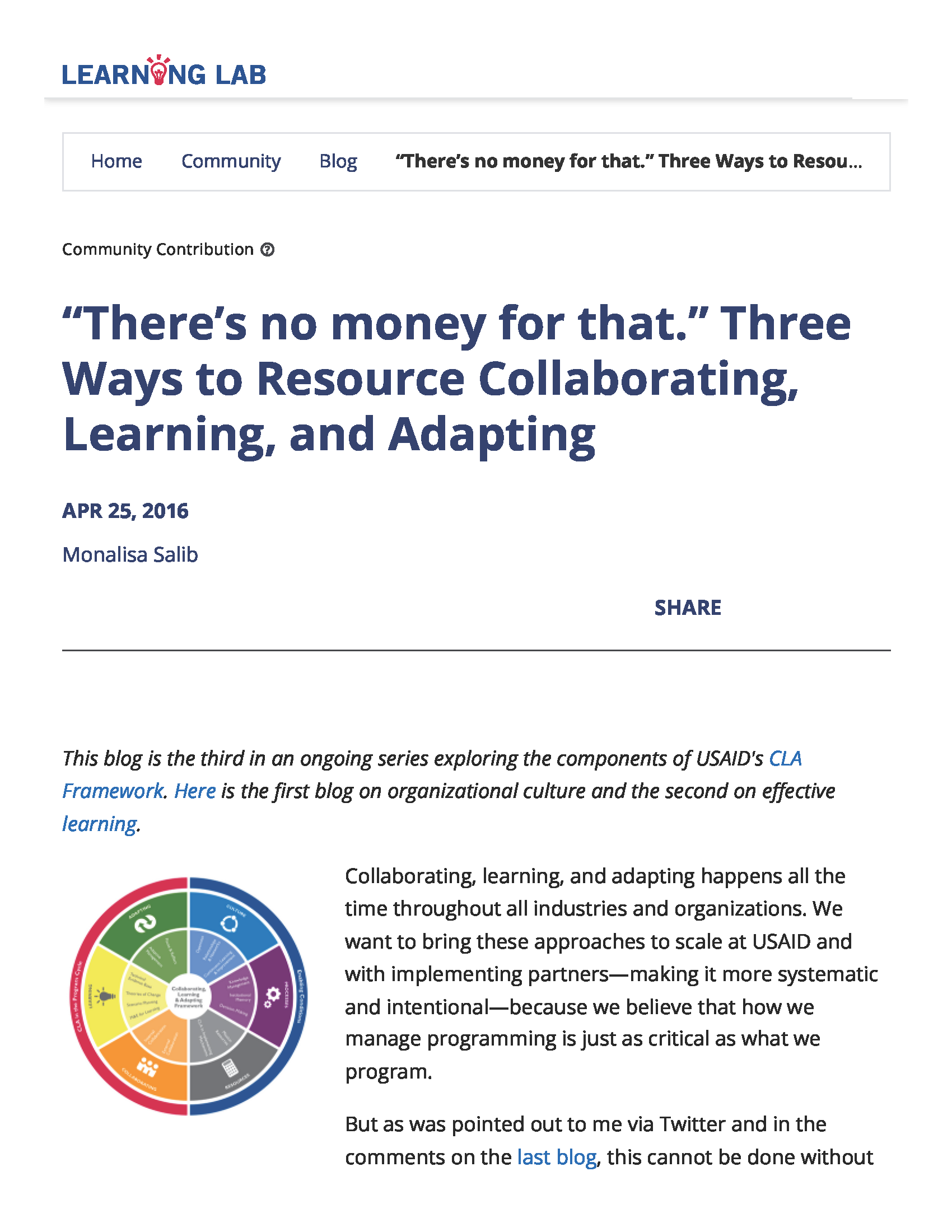 Cover page for “There’s no money for that.” Three Ways to Resource Collaborating, Learning, and Adapting