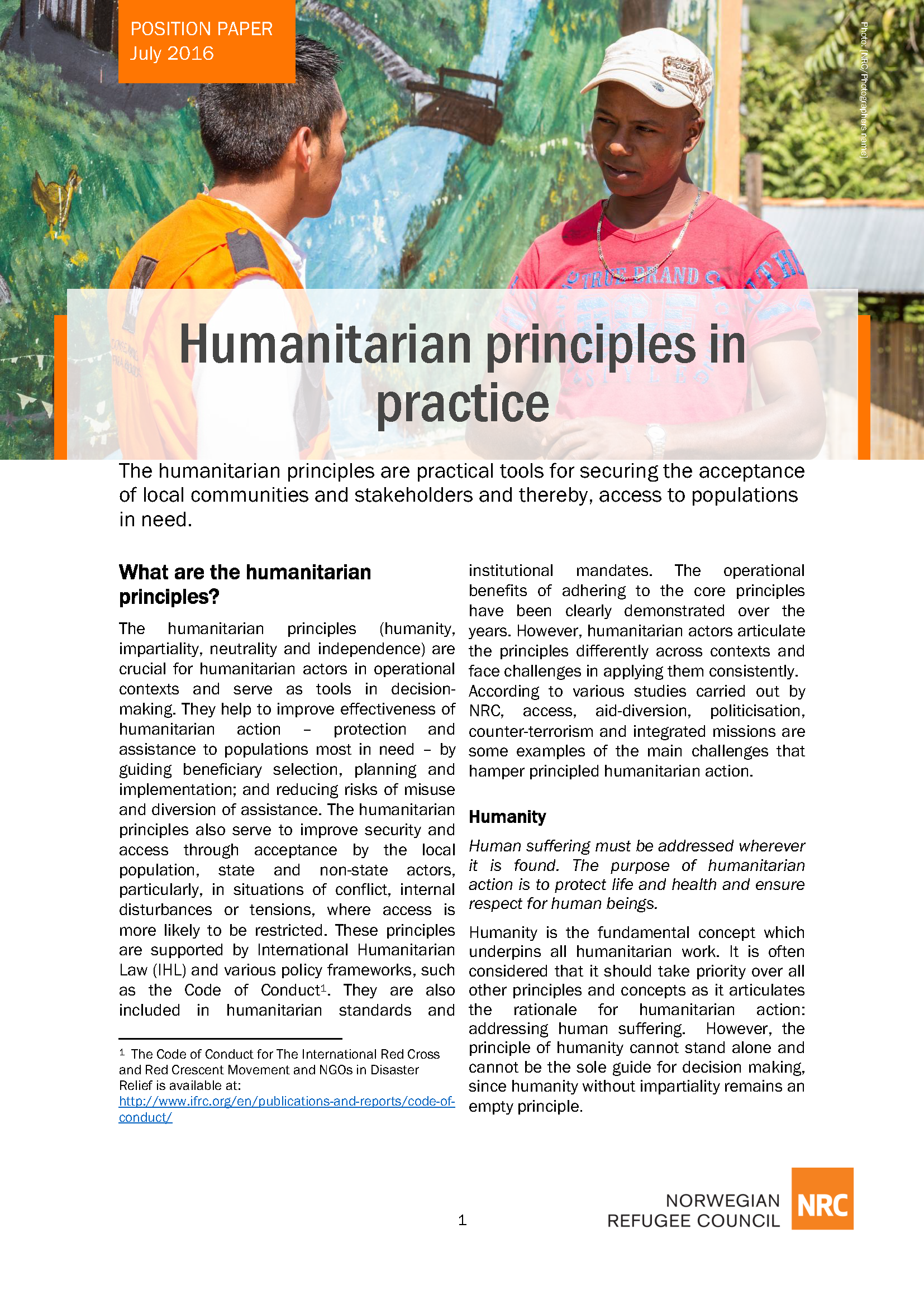 Cover page for Humanitarian Principles in Practice
