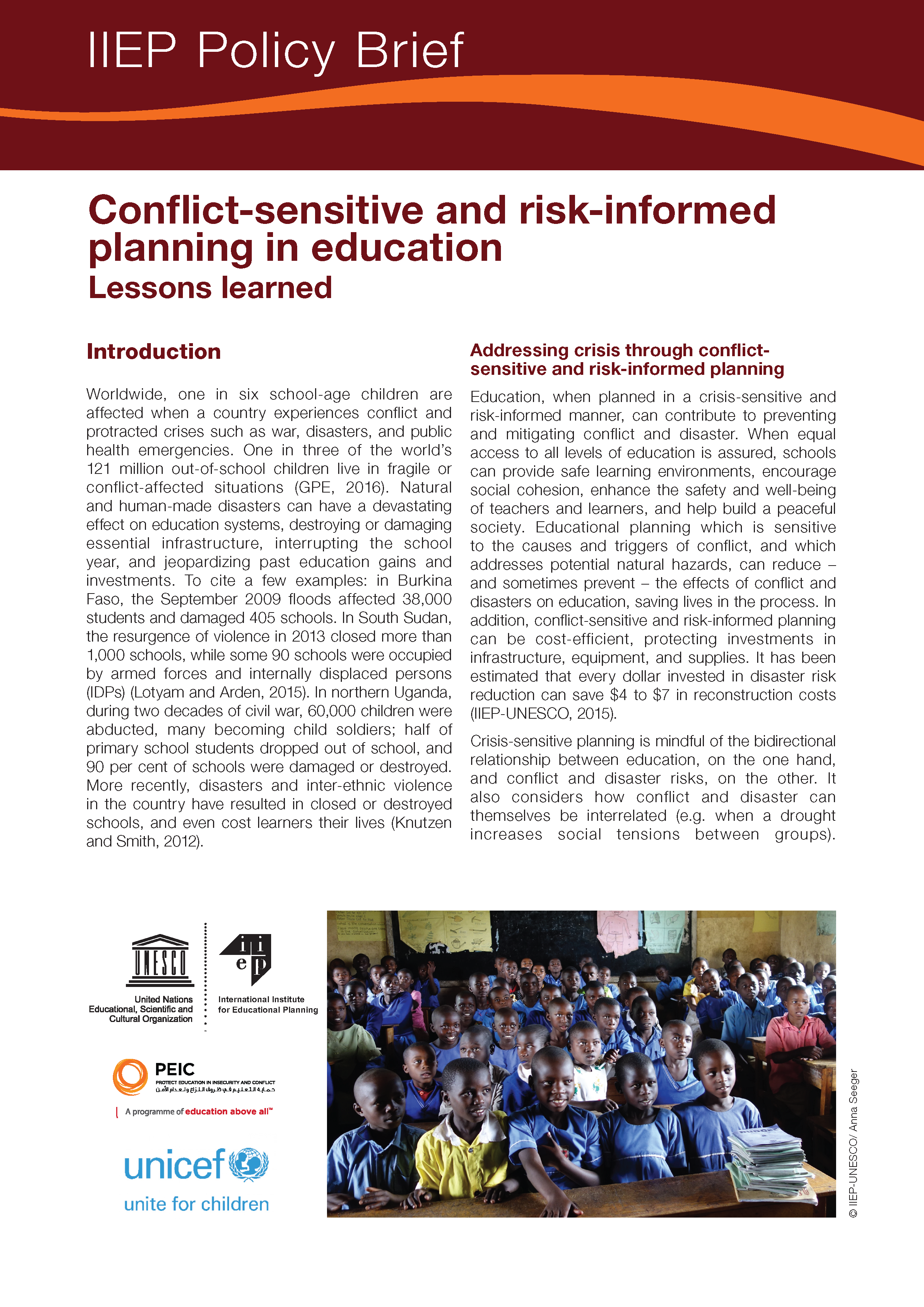 Cover page for Conflict-Sensitive and Risk-Informed Planning in Education: Lessons Learned