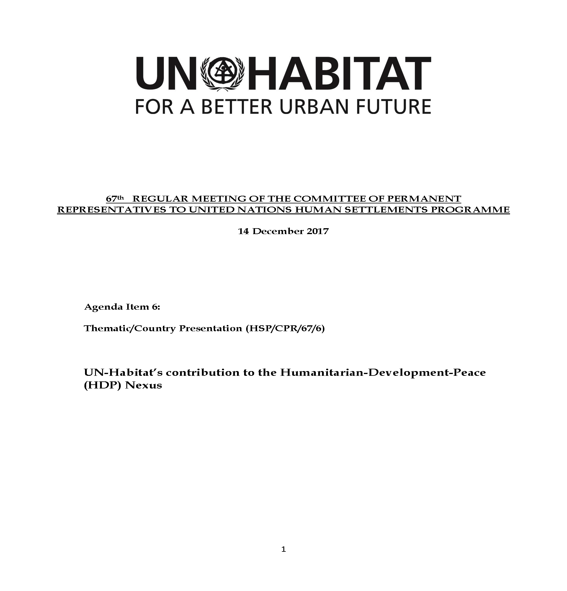 Cover page for UN-Habitat’s Contribution to the Humanitarian Development-Peace (HDP) Nexus