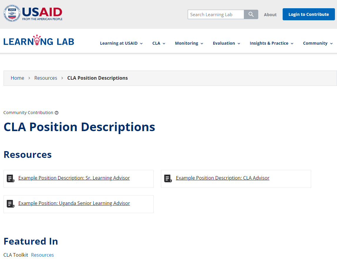 Screenshot of Collaborating, Learning, and Adapting Position Descriptions website