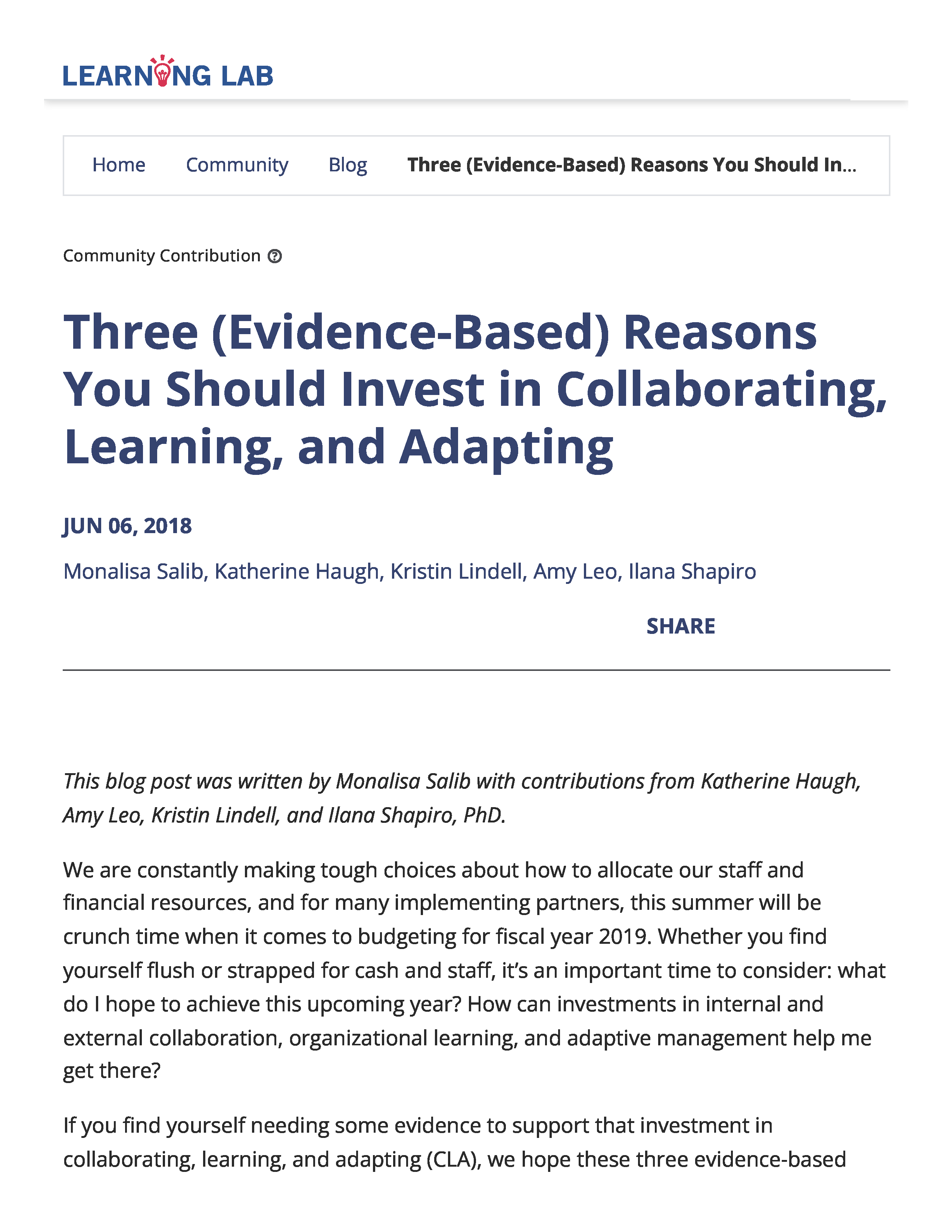 Cover page for Three (Evidence-Based) Reasons You Should Invest in Collaborating, Learning, and Adapting