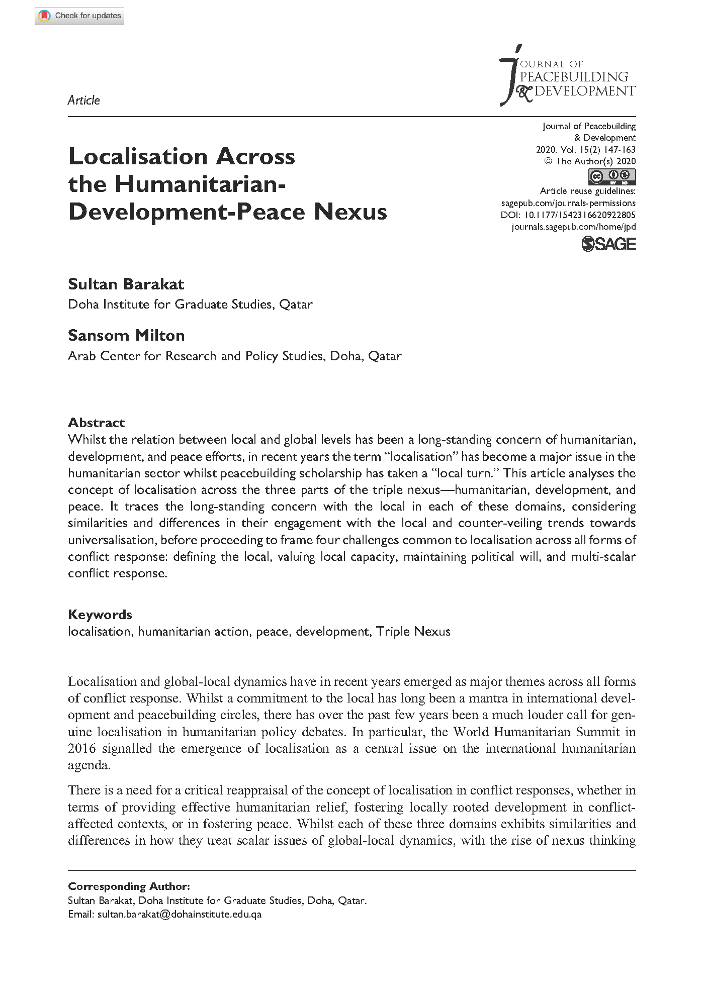 Cover page for Localisation Across the Humanitarian-Development-Peace Nexus