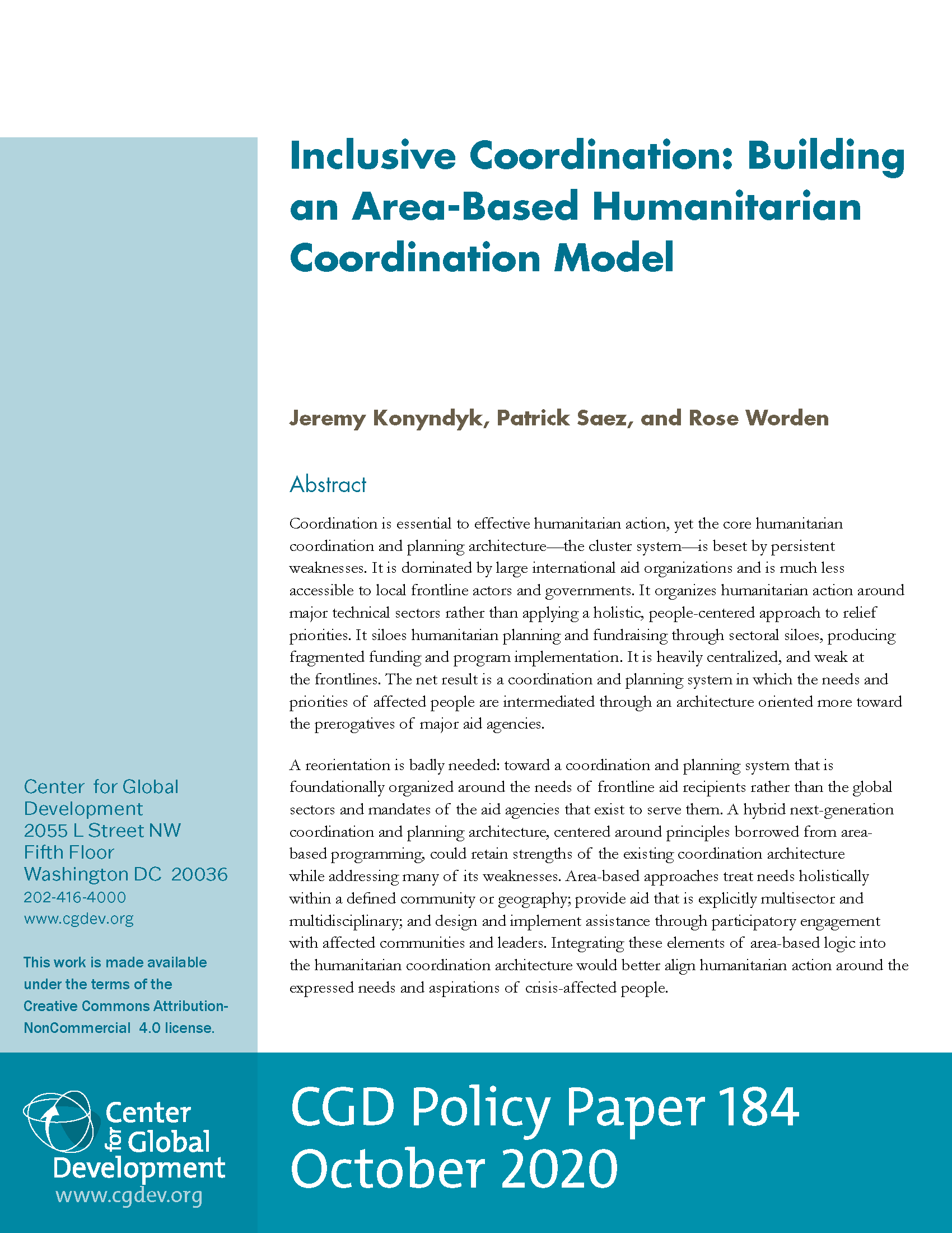 Cover page for Inclusive Coordination: Building an Area-Based Humanitarian Coordination Model
