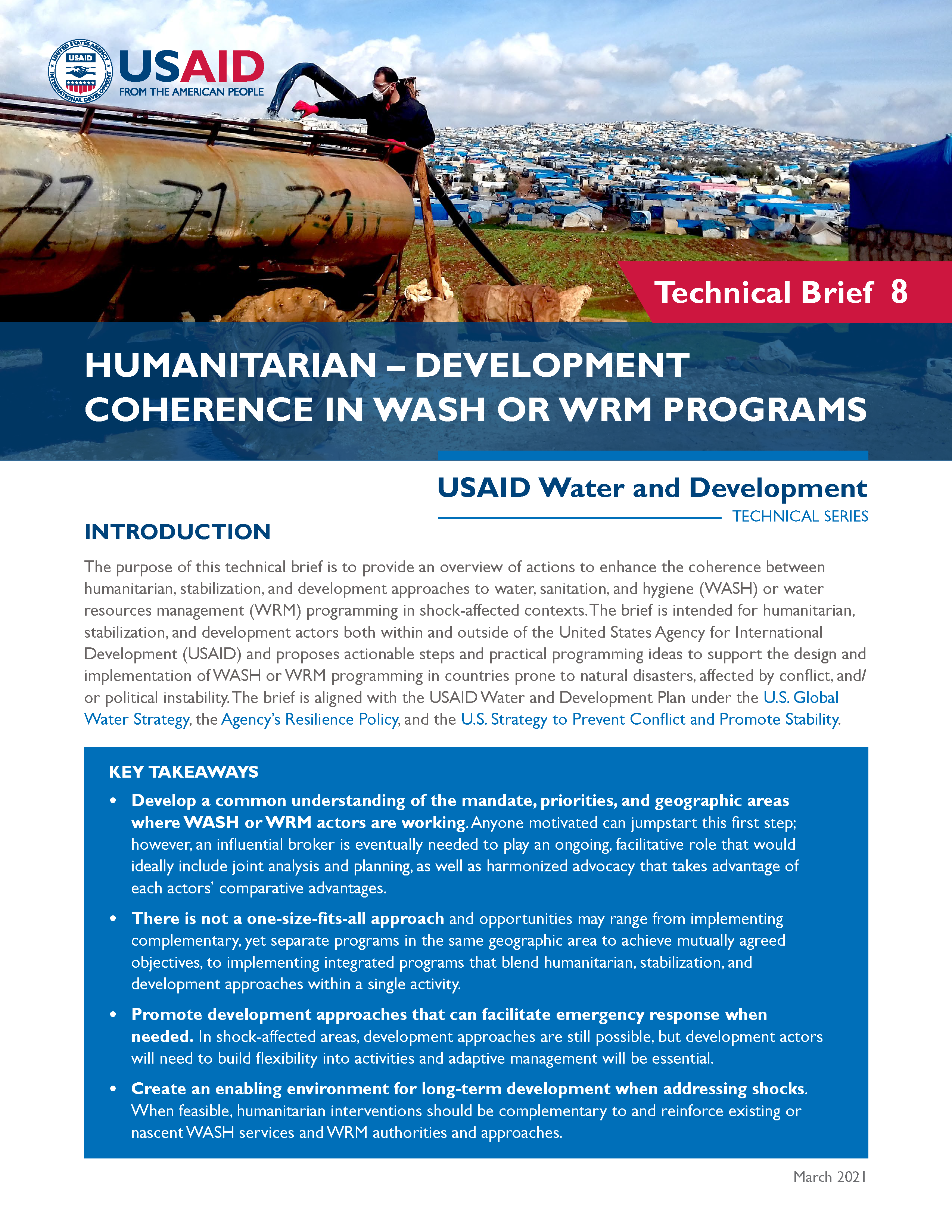 Cover page for Humanitarian-Development Coherence in WASH or WRM Programs