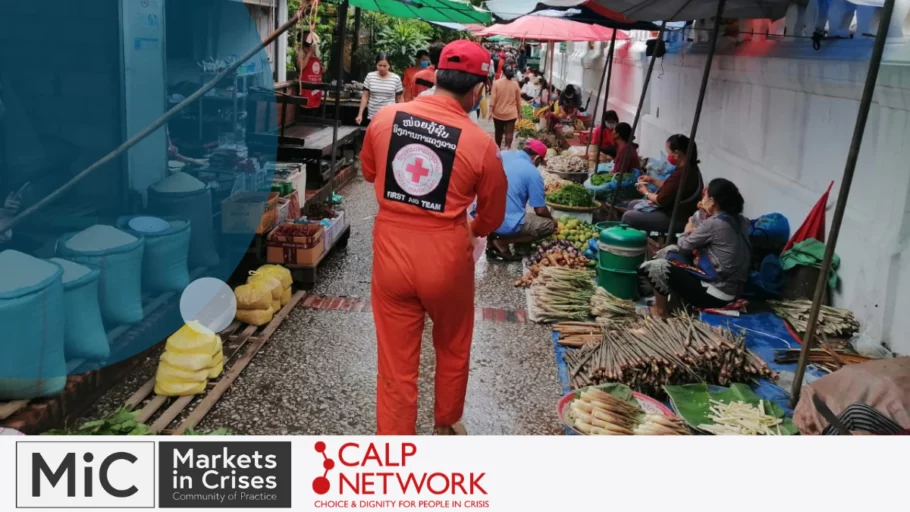 Promotional graphic for the Market-Based Programming in Emergencies E-Course featuring an emergency worker dressed in an orange jumpsuit walking through market stalls.