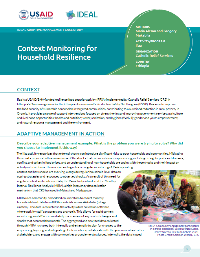 Thumbnail image of the first page of the "Context Monitoring for Household Resilience" case study, including the title, the USAID and IDEAL logos, and text.