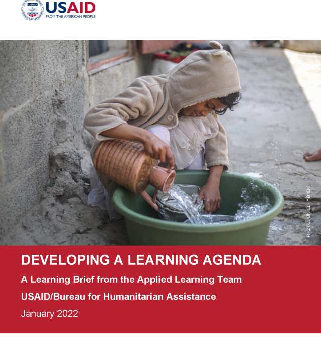 Developing a Learning Agenda cover page with a child pouring water into a bucket