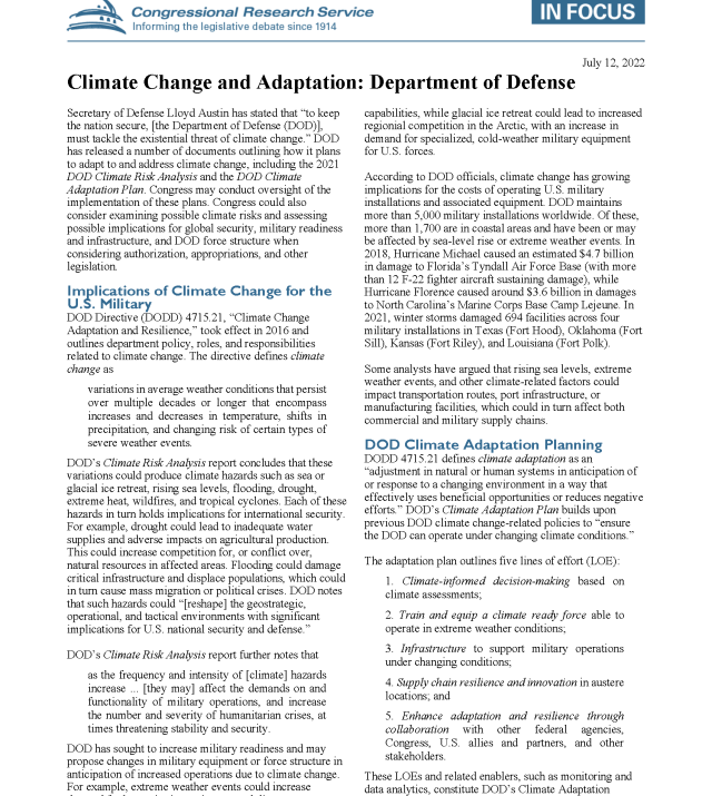 Cover page for Climate Change and Adaptation: Department of Defense