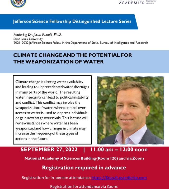 Promotional flier for Climate Change and the Potential for the Weaponization of Water