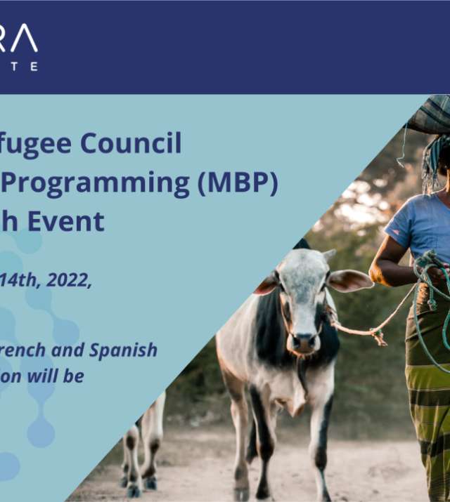 Promotional flyer for Norwegian Refugee Council Market Based Programming Toolbox Launch Event, featuring a woman leading two cows.