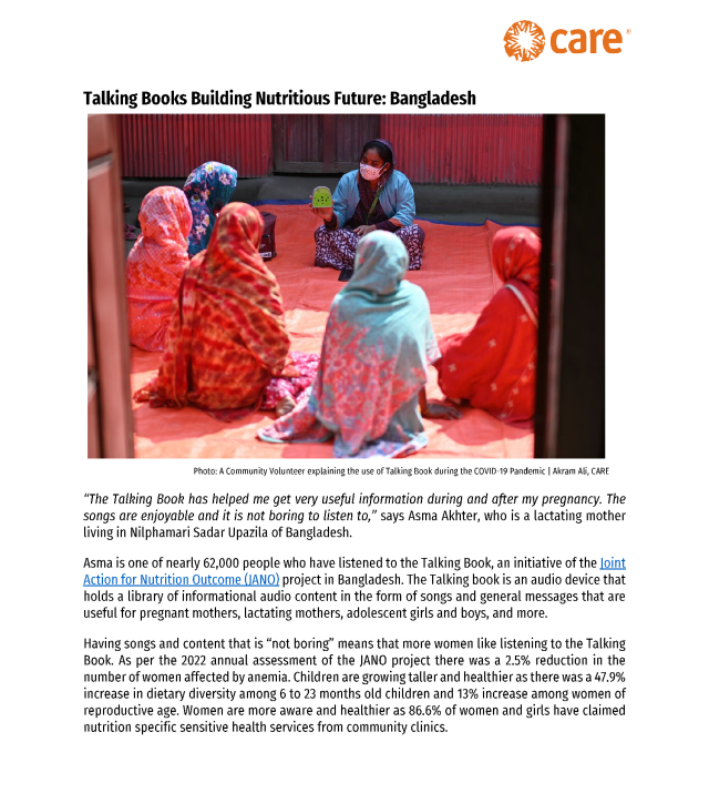 Cover page for the Talking Books Building Nutritious Future: Bangladesh