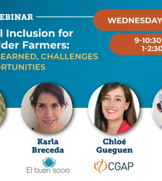 Promotional graphic featuring speakers for Financial Inclusion for Smallholder Farmers: Lessons Learned, Challenges and Opportunities