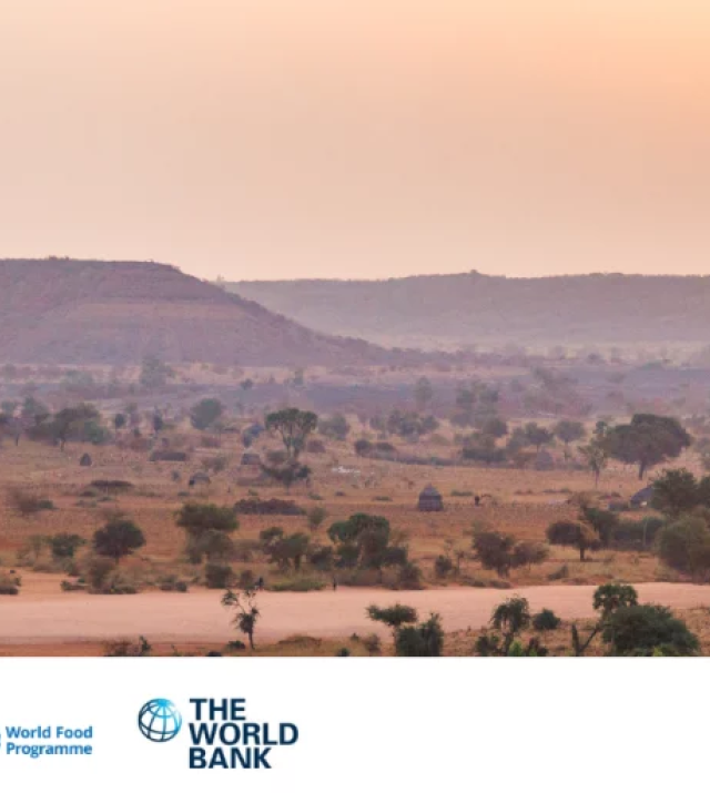 A landscape shot with mountains and a sun in the background, a promotional graphic for Remote Targeting Approaches: Global Lessons and Applications in West and Central Africa