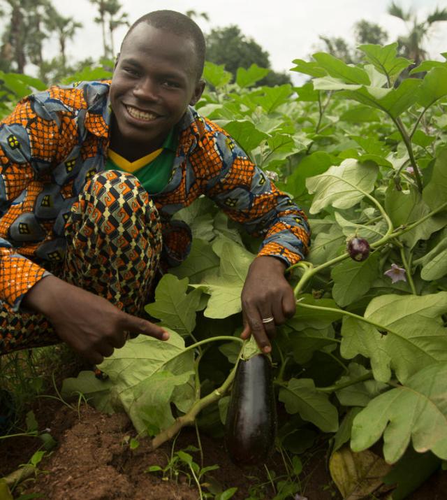 A young man points to a fully grown eggplant from his garden.