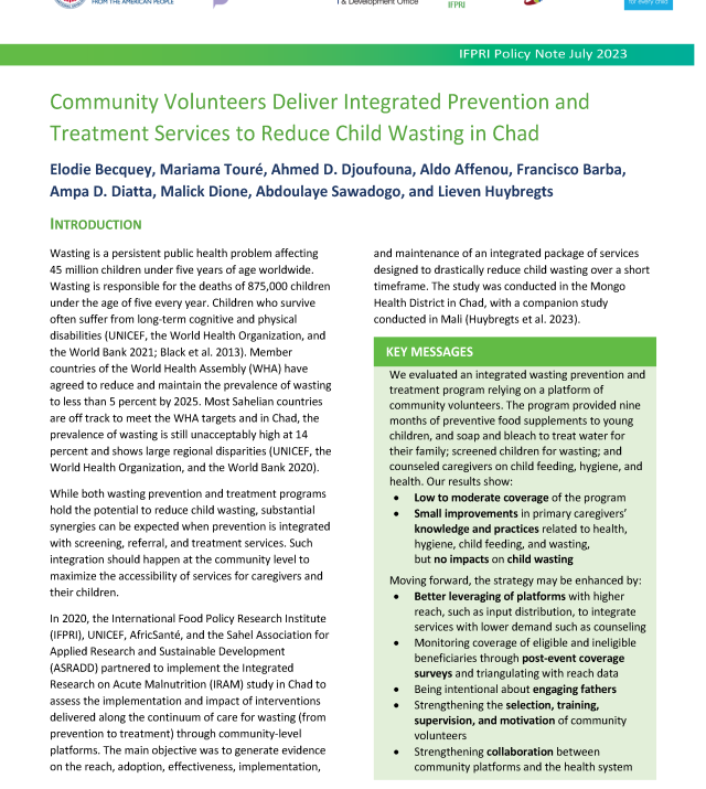 Cover page for Community Volunteers Deliver Integrated Prevention and Treatment Services to Reduce Child Wasting in Chad
