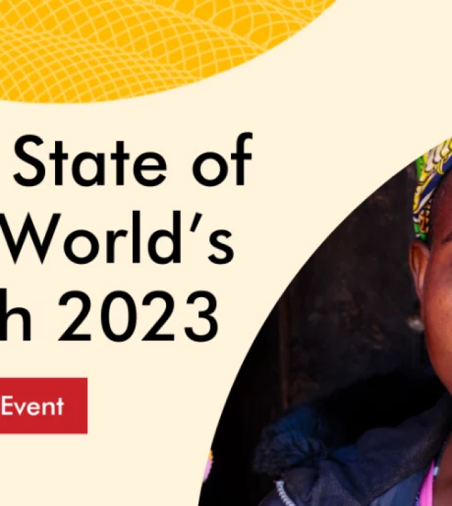 Promotional graphic for The Launch of the State of World’s Cash Report 2023 featuring a woman looking into the camera.