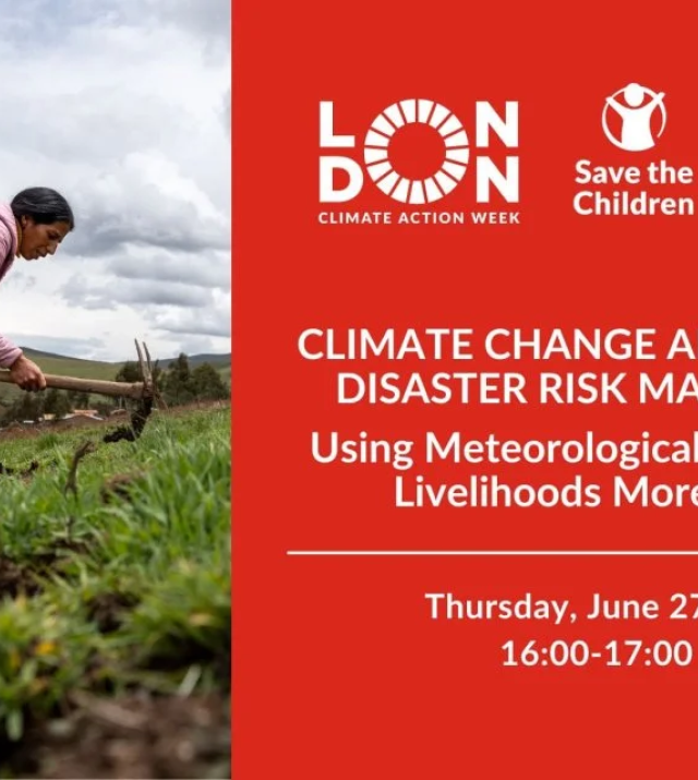 Promotional graphic for Climate Change Adaptation and Disaster Risk Management: Using Meteorological Data to Make Livelihoods More Resilient featuring a person digging in a field with a hoe.