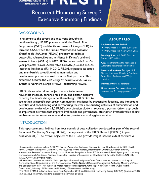 Cover page for PREG II Recurrent Monitoring Survey 2 Executive Summary Findings