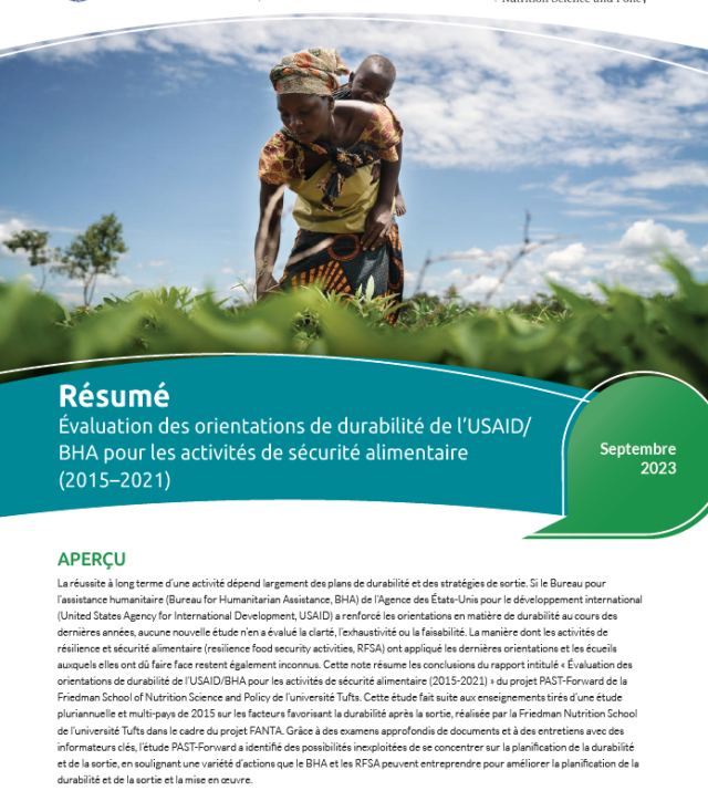 The cover sheet of << Résumé : Évaluation des orientations de durabilité de l’USAID/BHA pour les activités de sécurité alimentaire  (2015–2021) >>