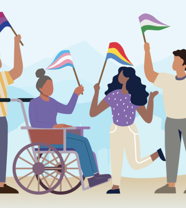 Promotional graphic for Inclusion and Equity for All featuring various illustrated people waving flags.