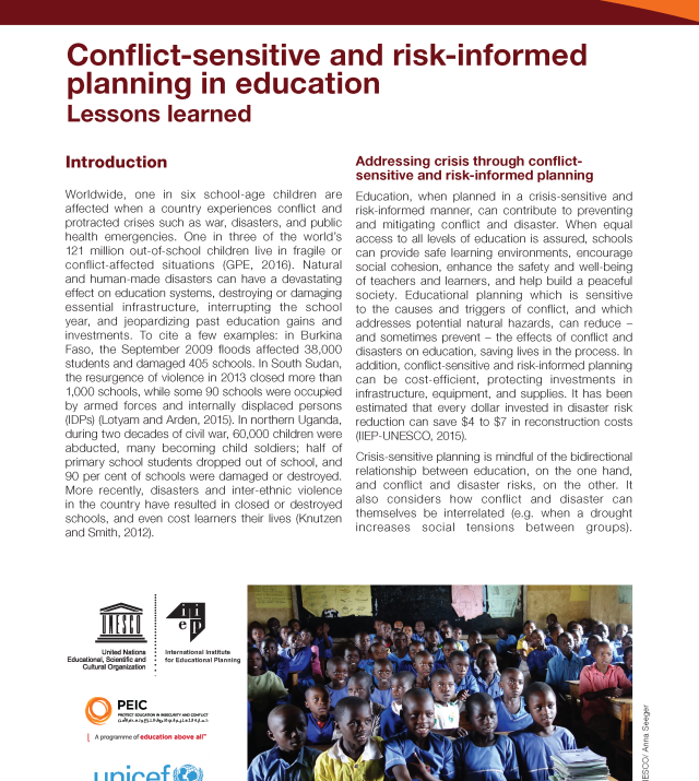 Cover page for Conflict-Sensitive and Risk-Informed Planning in Education: Lessons Learned