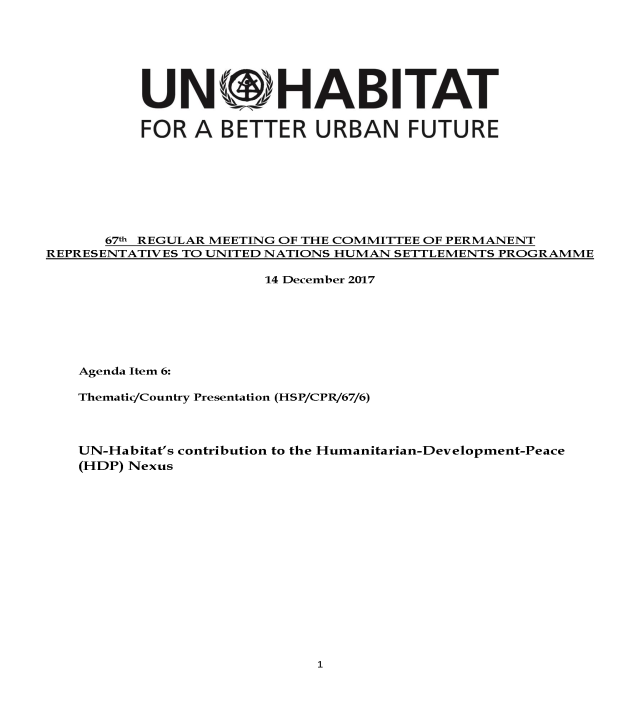 Cover page for UN-Habitat’s Contribution to the Humanitarian Development-Peace (HDP) Nexus