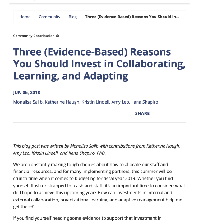 Cover page for Three (Evidence-Based) Reasons You Should Invest in Collaborating, Learning, and Adapting