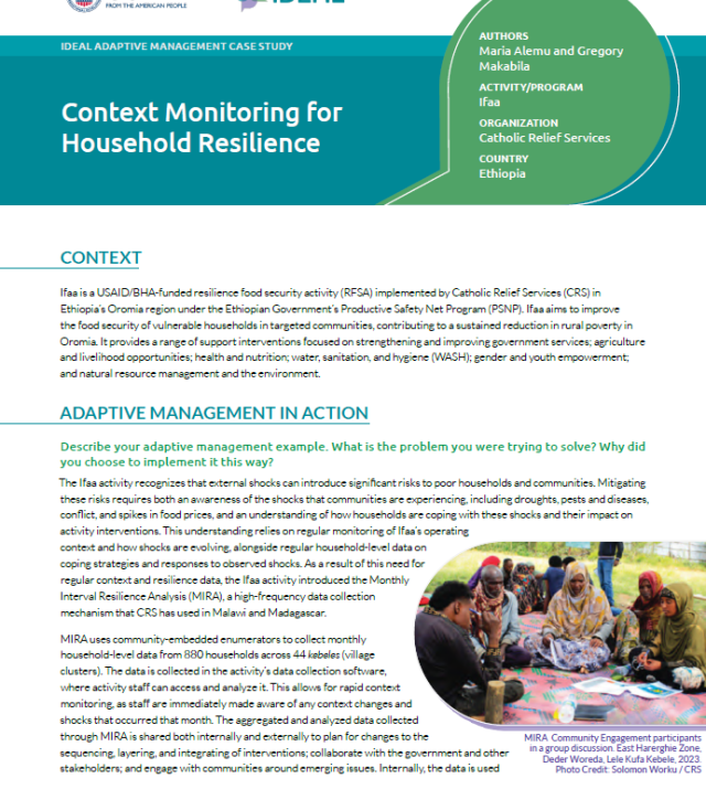 Thumbnail image of the first page of the "Context Monitoring for Household Resilience" case study, including the title, the USAID and IDEAL logos, and text.