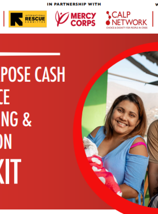 Multipurpose Cash Assistance Monitoring, Evaluation, Accountability, and Learning Toolkit graphic featuring a smiling family of four.