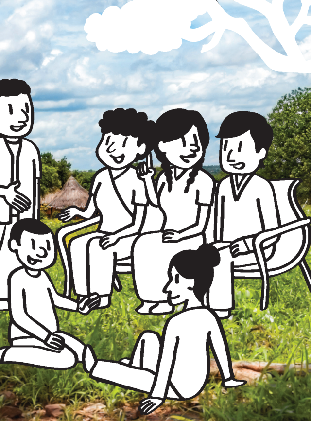 An illustration of a group of people sitting under a tree