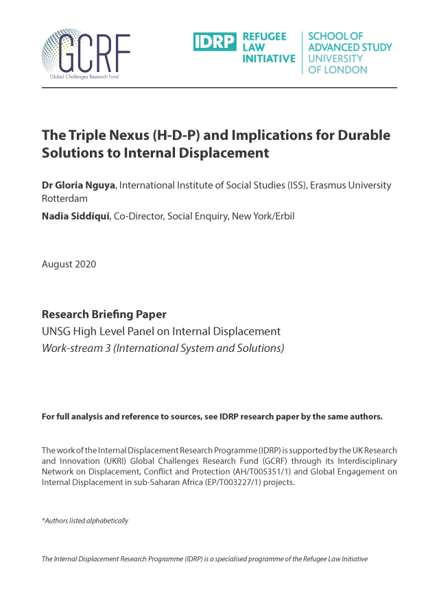 Cover page for The Triple Nexus and Implications for Durable Solutions to Internal Displacement