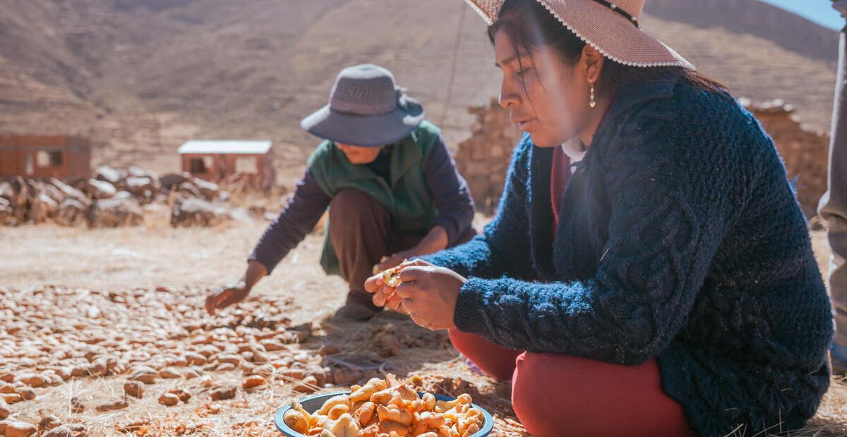 Two persons are sitting on the ground preparing vegetables 