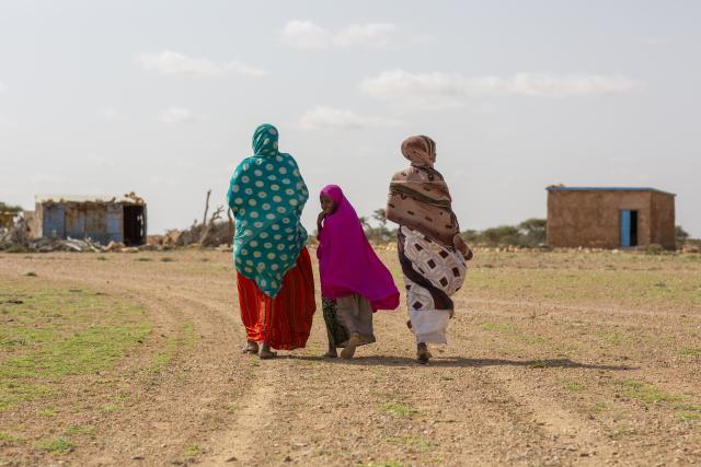 Three persons walking towards a village