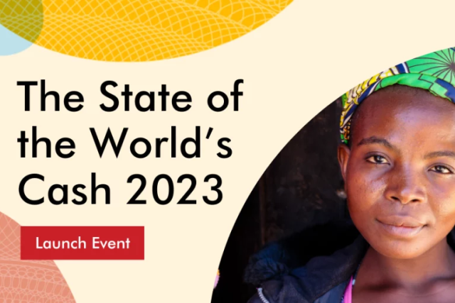 Promotional graphic for The Launch of the State of World’s Cash Report 2023 featuring a woman looking into the camera.