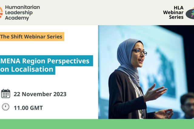 Promotional graphic for MENA Region Perspectives on Localization featuring a woman wearing a headscarf speaking at a conference.