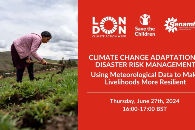 Promotional graphic for Climate Change Adaptation and Disaster Risk Management: Using Meteorological Data to Make Livelihoods More Resilient featuring a person digging in a field with a hoe.